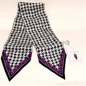 TED BAKER Silk Skinny Tie Neck Scarf Dogstooth Houndstooth Black & White Logo